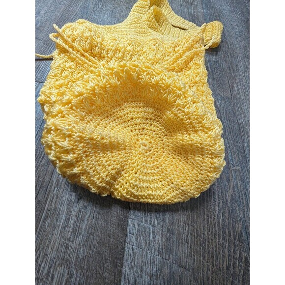 Vintage Drawstring Crochet Purse, Yellow Bohemian Shoulder Bag - Picture 3 of 10